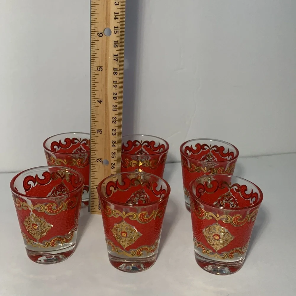 VTG Starlyte Barware Shot Glasses Signed Red and Gold Textured Design Set Of Six